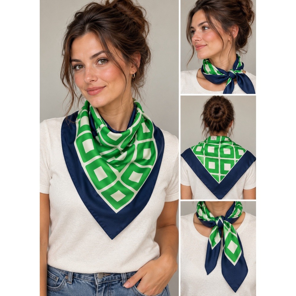 Vintage Echo Scarf Navy Green Ivory Geometric Mod Square 27x27 Preppy